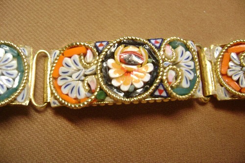 VINTAGE ITALIAN MICRO MOSAIC 5 PANEL GLASS FLOWER 7.5" GOLD TONE BRACELET!!! - Picture 9 of 11