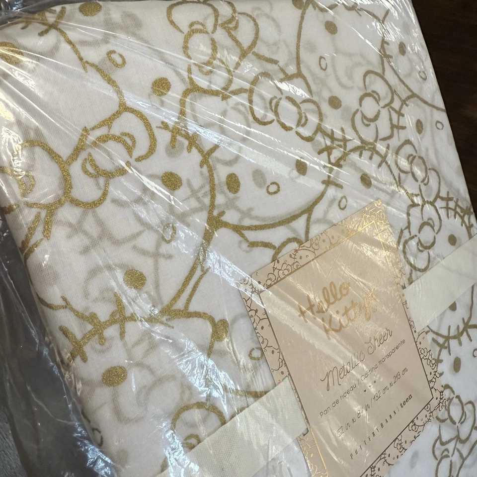 POTTERY BARN HELLO KITTY METALLIC GOLD TIE-TOP SHEER CURTAIN 52 x 84" (1) PANEL - Image 2 of 4