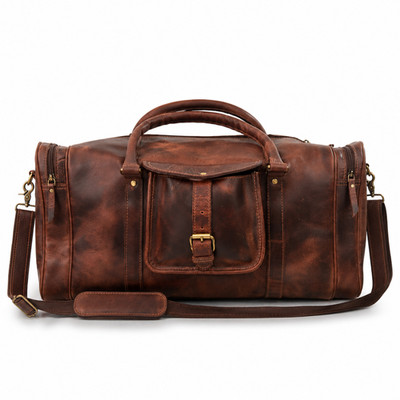 Genuine Buffalo Leather Duffel Bag Travel Weekender Overnight Carry On Brown