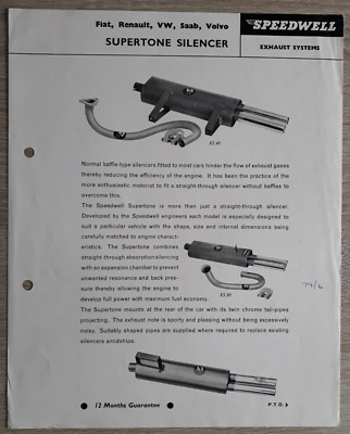 Speedwell Supertone Schalldämpfer Prospekt/Merkblatt um 1963 Fiat Renault VW Saab Volvo