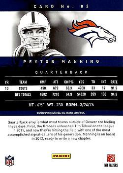 Peyton Manning 2012 Panini Prestige Football - #82 - Denver Broncos - Picture 2 of 2