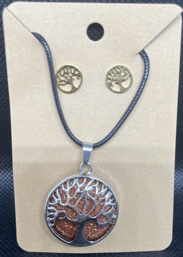 Tree of Life Celtic Gold Sandstone Sterling Silver Stud Earrings Jewelry Set