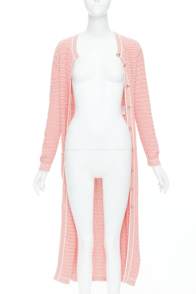 CHANEL 2021 pink white CC logo button long knit cardigan