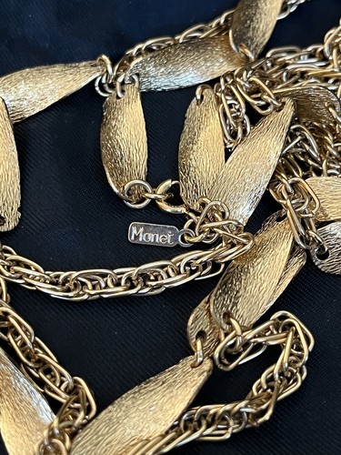 Vintage Monet Long Chain Necklace Gold Tone Statement Accents Textured Beads 55" - Picture 9 of 13
