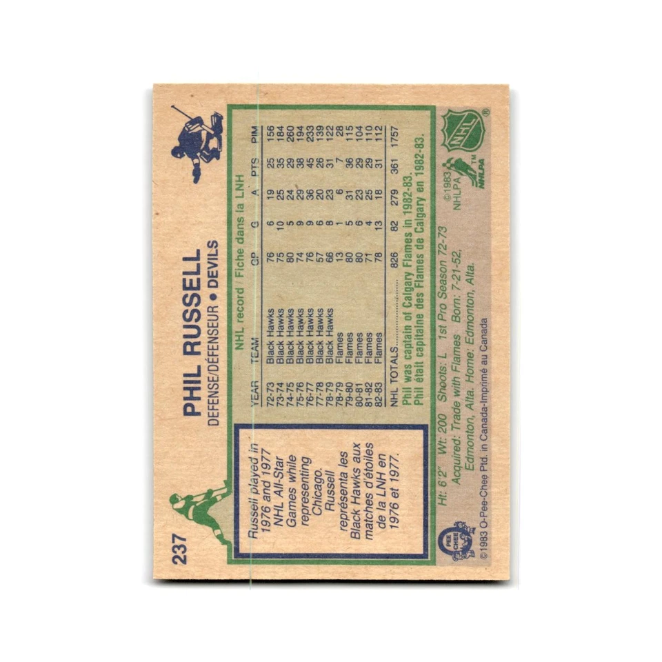 1983 O-Pee-Chee Phil Russell New Jersey Devils #237 - Image 2 of 3