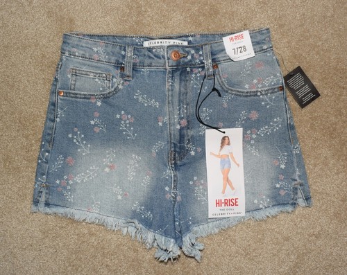New Celebrity Pink Jean Shorts Sz 7 The Doll Hi Rise Fringe Floral Stretch Denim