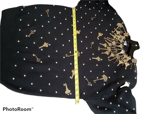 Vtg Bonnie Boerer Size M Keys Studs Embellished Retro Artsy Knit Sweater Black - Picture 3 of 11