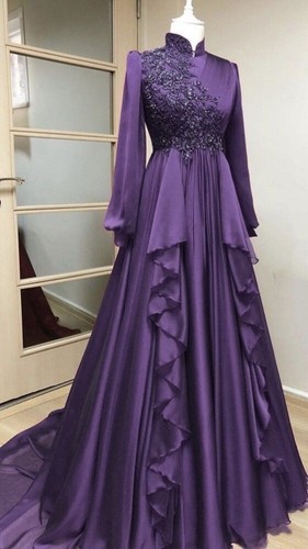 Muslim Chiffon Wedding Dress Long Sleeves Elegant Beading High Neck Bridal Gowns - Picture 8 of 22