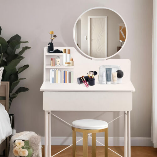 White Makeup Vanity Small Vanity Desk With Storage Box & Mirror For Bedroom