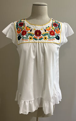 Womens Embroidered Top/Blouse Sz Small Flutter Cap Sleeve/Ruffle Bottom NWOT $60