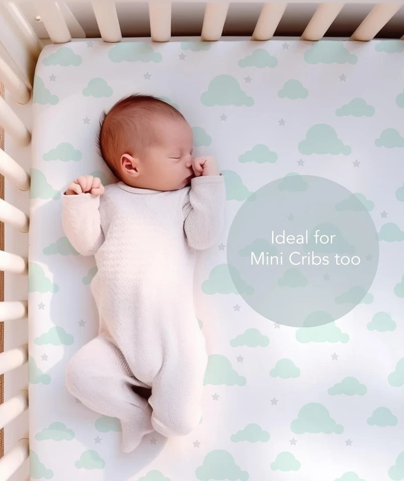 Sábanas ajustables 100 % algodón orgánico para cuna portátil, menta, gris y blanco  Foto 2 de 4