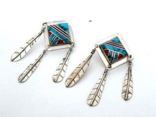 .925 Sterling Silver Native American Drop Earrings, Turquoise  Coral, 7.8g