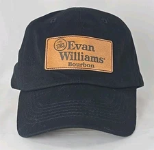 Evan Williams Bourbon Hat Leather Patch Advertising Cap Script Strap Back Black
