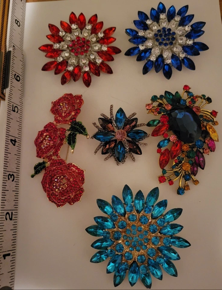 6pc Big Beautiful Multicolor Rhinestone Glass Floral Flower Brooch Lot E231-7 - Image 2 of 4