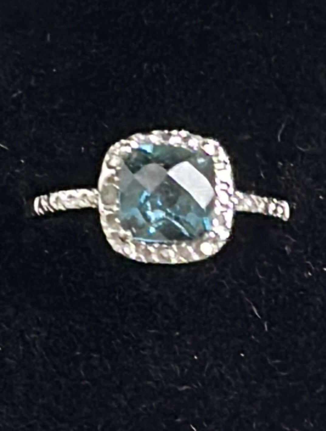 Vintage Size 8 Dee Berkley DBJ Sterling Silver Cushion Cut Blue Topaz Halo Ring