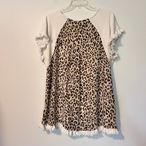 Imgee USA Fringe Hem Top Leopard Print Back Casual Tunic Tee Shirt M - Picture 4 of 7