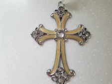 Metal Ornate Silver/ Ivory Tone Cross with Rhinestones for Wall or Hanging 5"x4"
