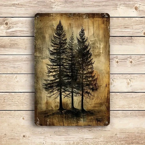 Vintage Tree Tin Metal Signs Wall Art Plaque - Rustic Black & White Pine Tree De