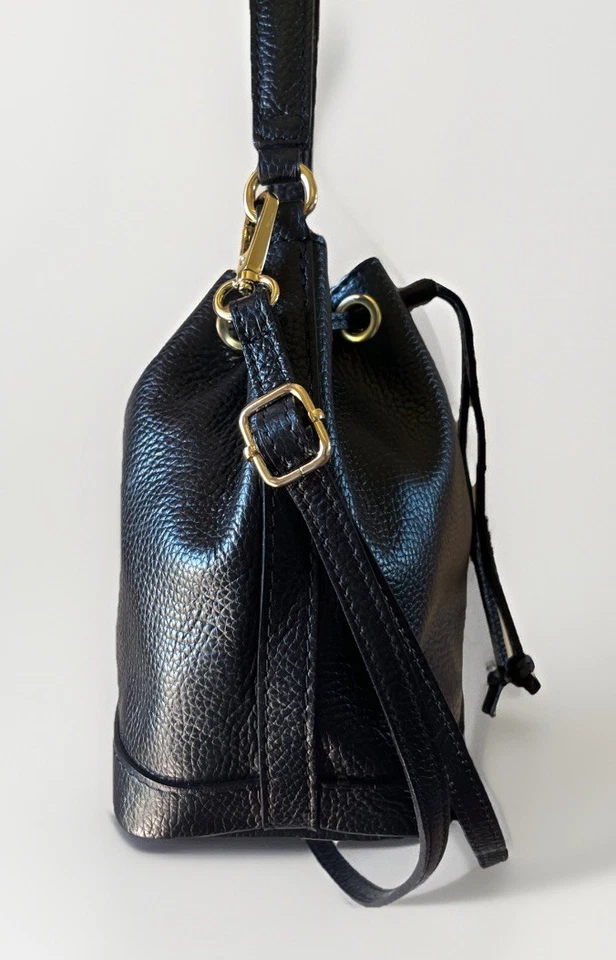 Bolso de Hombro Borse in Pelle Italia Cuero Guijarro Negro Cartera Cubo con Cordón Foto 3 de 4