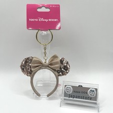 Tokyo Disney Resort Minnie Sequin Headband Ears pink Gold Keychain from Japan