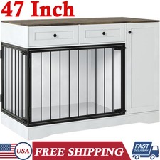 47 Inch Wooden Dog Crate Furniture Indoor Pet House w/ Double Doors  2 Drawers
