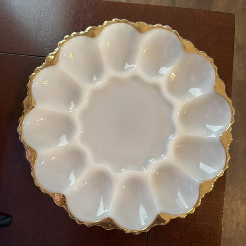 Vintage Anchor Hocking Milk Glass Deviled Egg Plate, W/Gold Trim