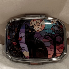 Black Cat Travel Pill Box 2 Compartment Decorative Medicine Case Metal NEW