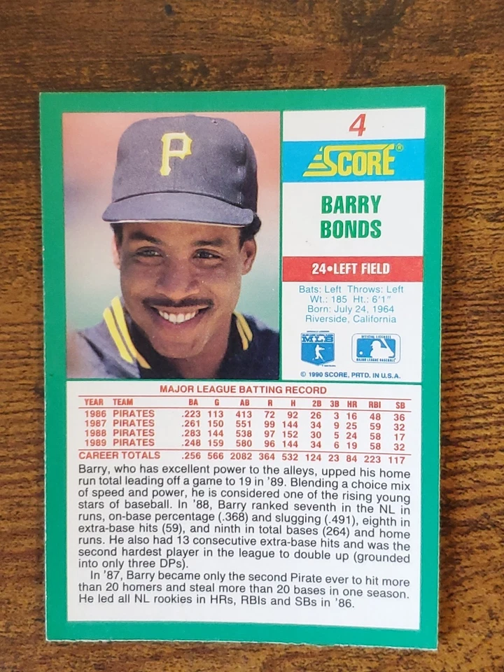 Tarjeta de béisbol Score 1990 leyendas como Barry Bonds, Mark McGwire y Roger Clemens. Foto 3 de 4
