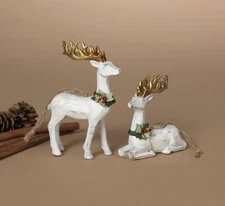 White & Gold Holly Reindeer Hanging Holiday Christmas Tree Ornament Set of 2-New