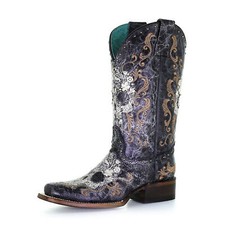 CORRAL Ladies Black/White Floral Skull Embroidery  Studs Sq. Toe Boots Z5005 