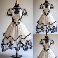 Gothic Short Wedding Dresses White and Black Vintage Court Lace Bridal Gowns