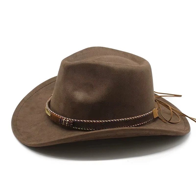 Sombrero de Vaquera Occidental Marrón - Banda Trenzada Pluma Dorada, Fieltro, Hombres Mujeres Foto 3 de 4