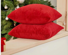 Set of 2 Throw Pillow Cushion Covers Ribbed Corduroy 16 x 16 Solid Bright RED