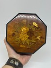 VTG Octagon Wood Inlay Floral Jewelry Box 5.5" Sorrento Style Keepsake