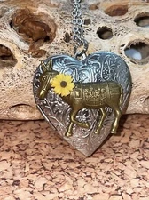 SILVER Donkey Mule Heart Locket Necklace JEWELRY Pendant PHOTO Picture CAMEO