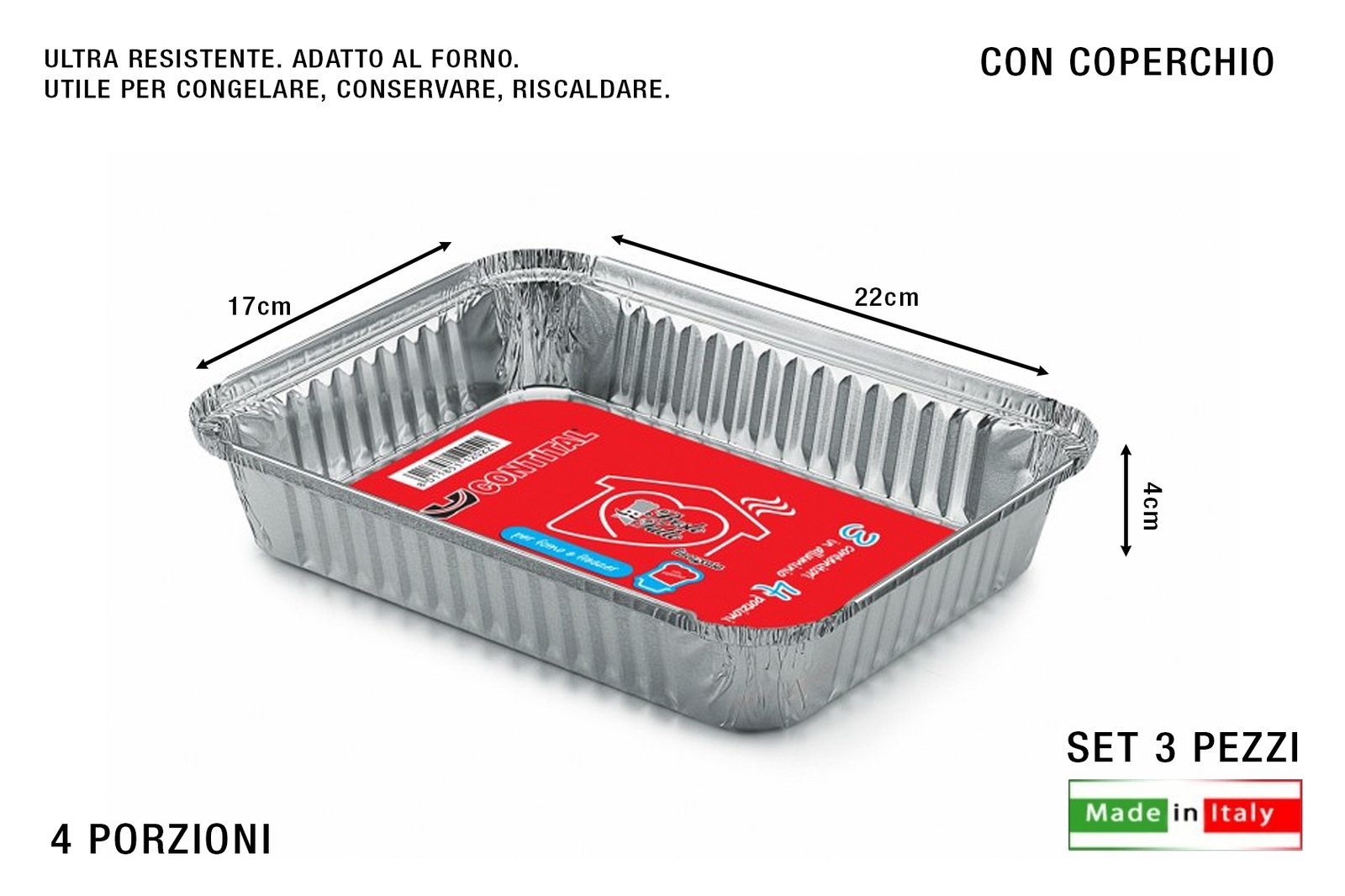 CONTENITORE ALLUMINIO LAMIN. C/C 4 PORZ. SET 3 PZ. R29L PASTA CARNE PESCE