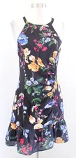 Parker Bella Black Garden Floral Print Flounce Hem Ruched Mini Sheath Dress Sz 6