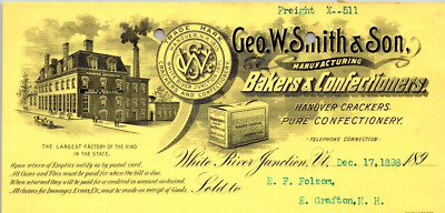 1898 GEO W SMITH BAKERS CONFECTIONERS BILLHEAD WHITE RIVER JUNCTION VT CV163