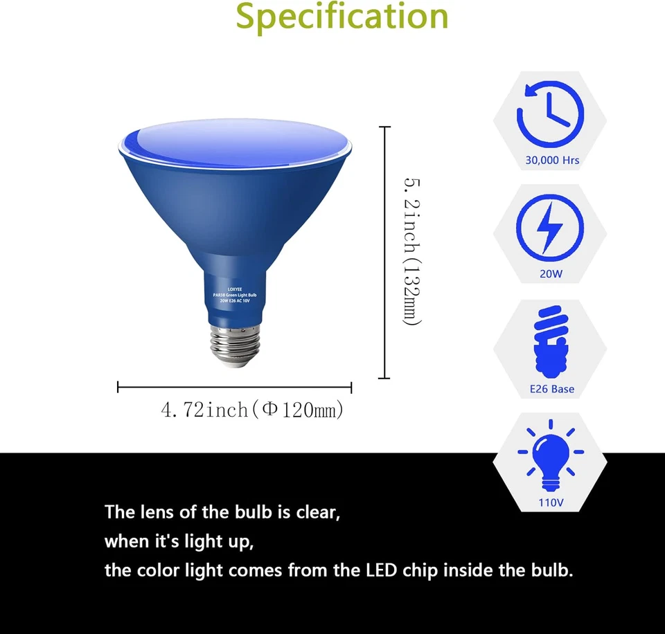PAR38, Light Bulb,2 Pack-Dimmable,E26 Base Blue Flood Light Outoor(20W to 200w) - Image 3 of 4