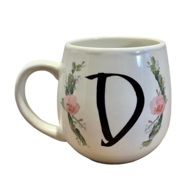 Prima Design 'D' Monogram Initial Letter White Pink Rose Floral Mug Cup ...