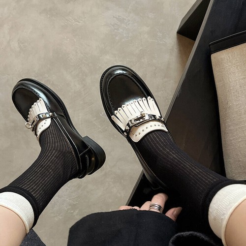 Moda Mujer Cuero Punta Redonda Borla Tachuelas Zapatos Hebilla Correa Mocasines Fiesta - Imagen 9 de 14