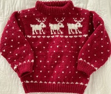 Vintage Hand Knit Sweater Deep Red Deer Reindeer Lodge Nordic Cabin core sz 4-6