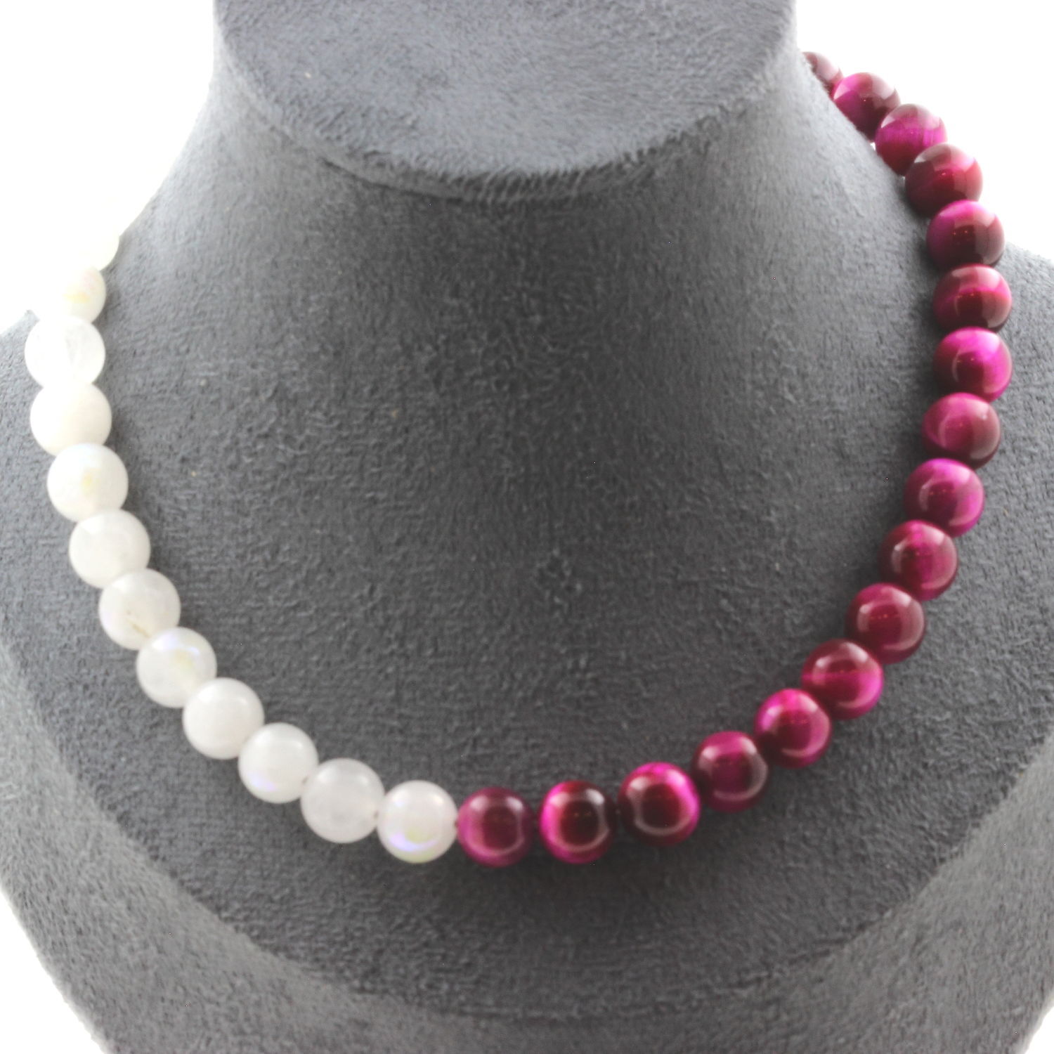 Collier en perles de pierre de lune et oeil de tigre fuchsia 8mm