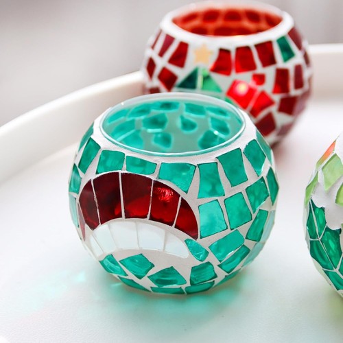 4pcs Mosaic Glass Tealight Candle Holders Red Green Christmas Table Decor - Picture 3 of 9