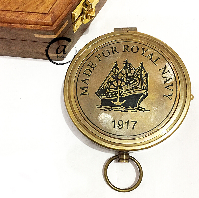 Solid Gift Military/Navy Nautical Antique Brass Finish Compass With Wooden Box .