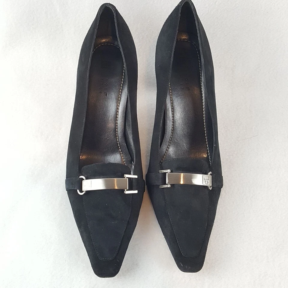 Zapatos de tacón negros de 3,5" para mujer talla 9 parte superior de cuero gamuza + suelas de cuero Foto 2 de 4