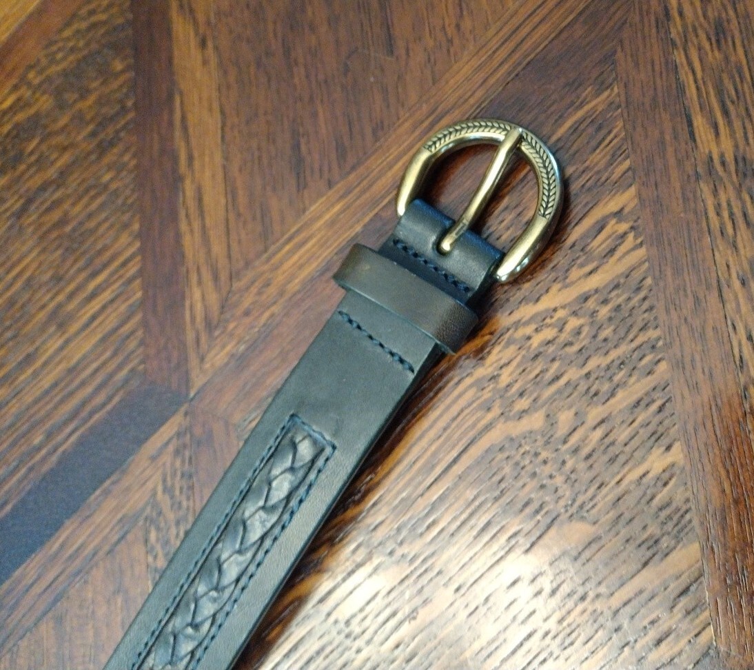 Talbots Green Leather Gold Tone Braided Accent Skinny Belt  display picture 3