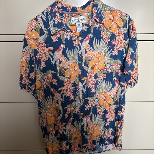 Margaritaville Men's Hawaiian Shirt Large/Medium Gold Flower Parrot Jimmy Buffet - Picture 2 of 14
