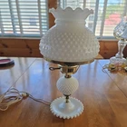 Hobnail White Milk Glass Hurricane Table Lamps Electric Key Turn Vintage