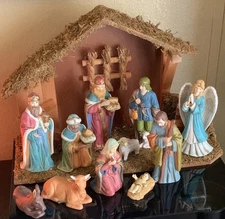 Vintage Complete 11 Pc Nativity + Bethlehem Set with Wood Crèche